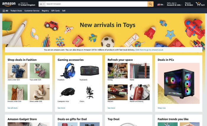 Top online shopping apps: Amazon homepage