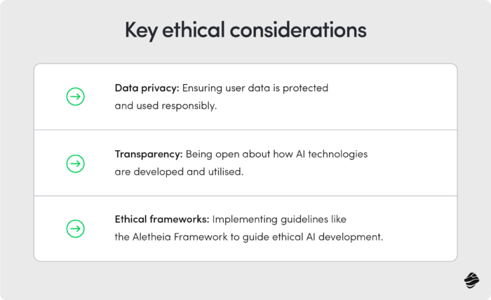 List of key ethical considerations in AI development, including data privacy, transparency in AI technology development, and implementation of ethical frameworks.