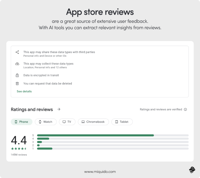 App store reviews are a great source of extensive user feedback. With AI tools you can extract relevant insights from reviews.