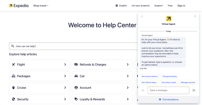 Expedia chatbot example