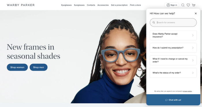 Warby Parker chatbot example