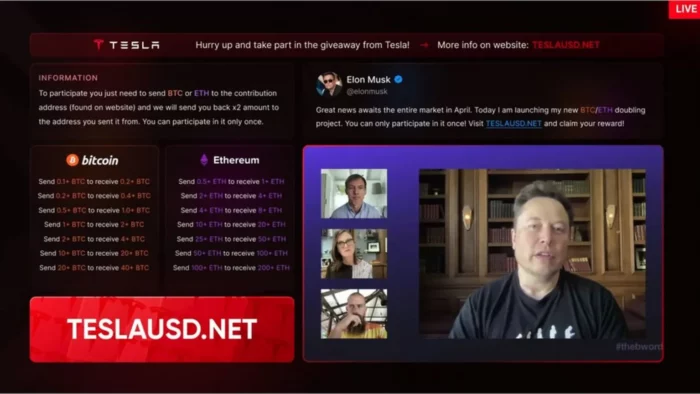 a screen showing a fake stream organized by crypto scammers, impersonating Elon Musk