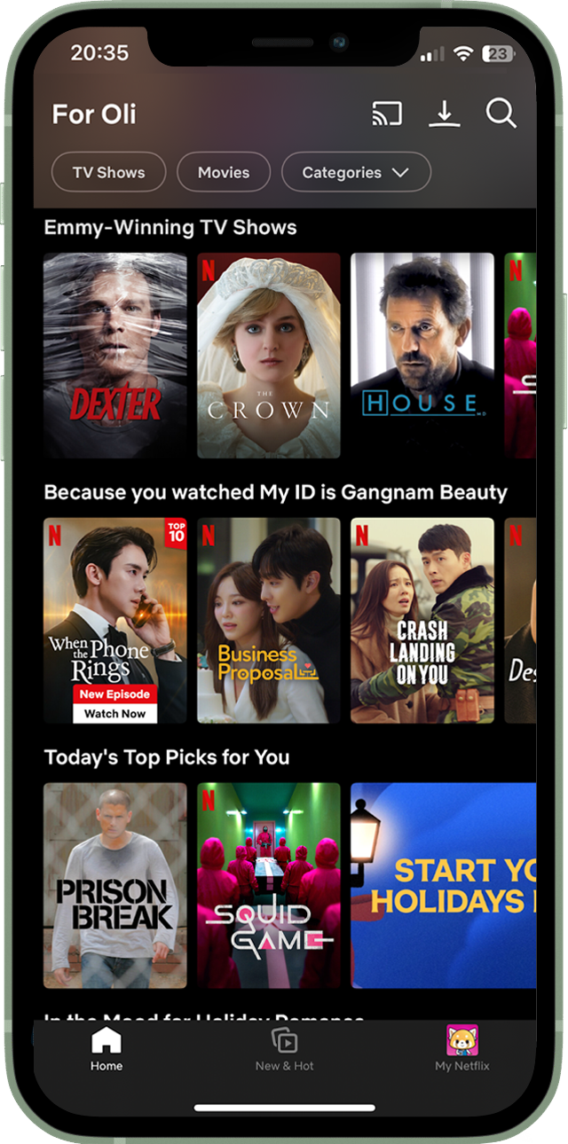 the Netflix wall showing personalized recommendations