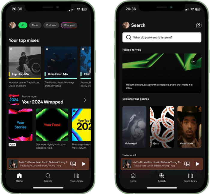 Spotify wall showing personalized recommendations and Spotify Wrapped