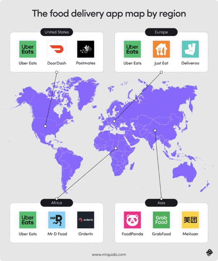 the world map showing the distribution of the most popular food delivery apps on different continents