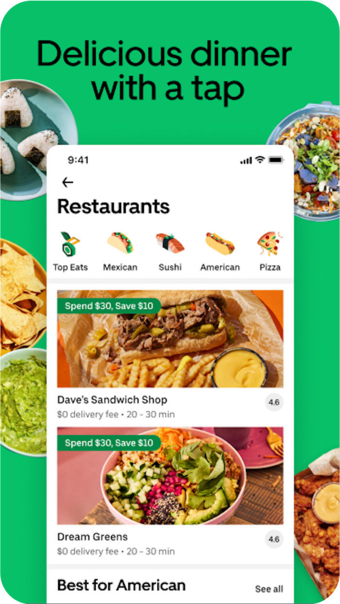 the screen showing the user interface of the Uber Eats app