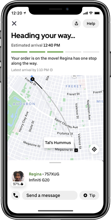 the screen capture of Uber Eays interface displaying the tracking feature