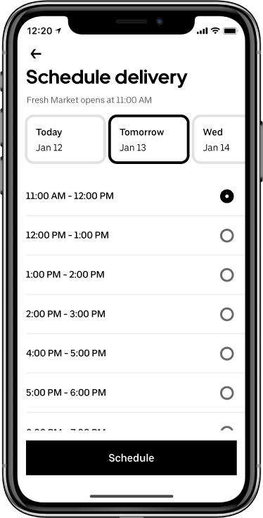 The capture of Uber Eats interface with schedule delivery feature