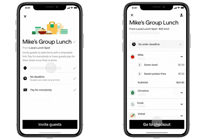 Two captures of Uber Eats user interface with split feature