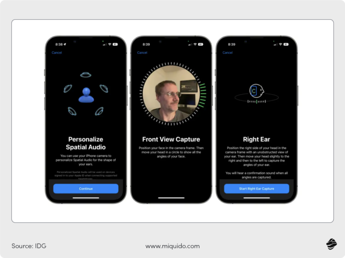 Three interfaces with personalized spatial audio setup step by step.