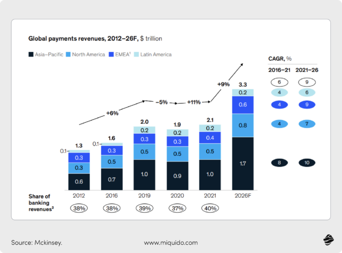 the stats showing the rise of global payments revenue globally.