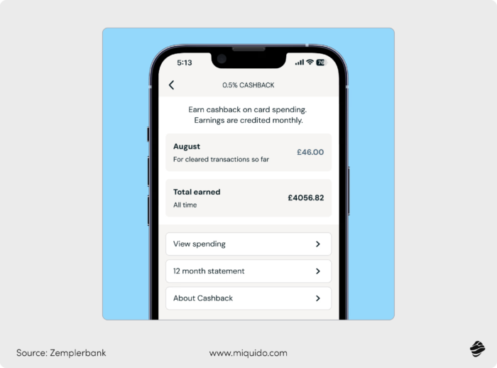 interface of a banking app with cashback feature