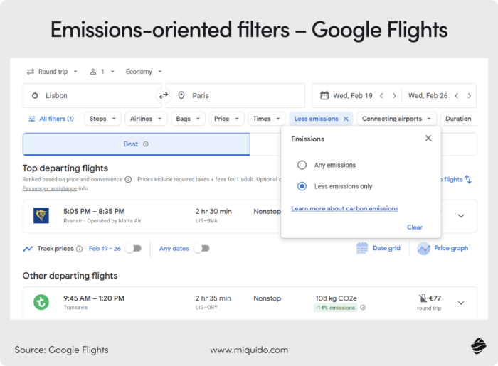 Google flights interface, emissions filter - how to build a travel search engine