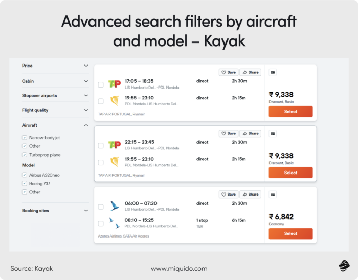 Kayak, advanced search filters by aircraft and model - how to build a travel search engine 