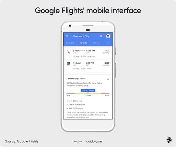 Google Flights mobile interface - how to build a travel search engine 